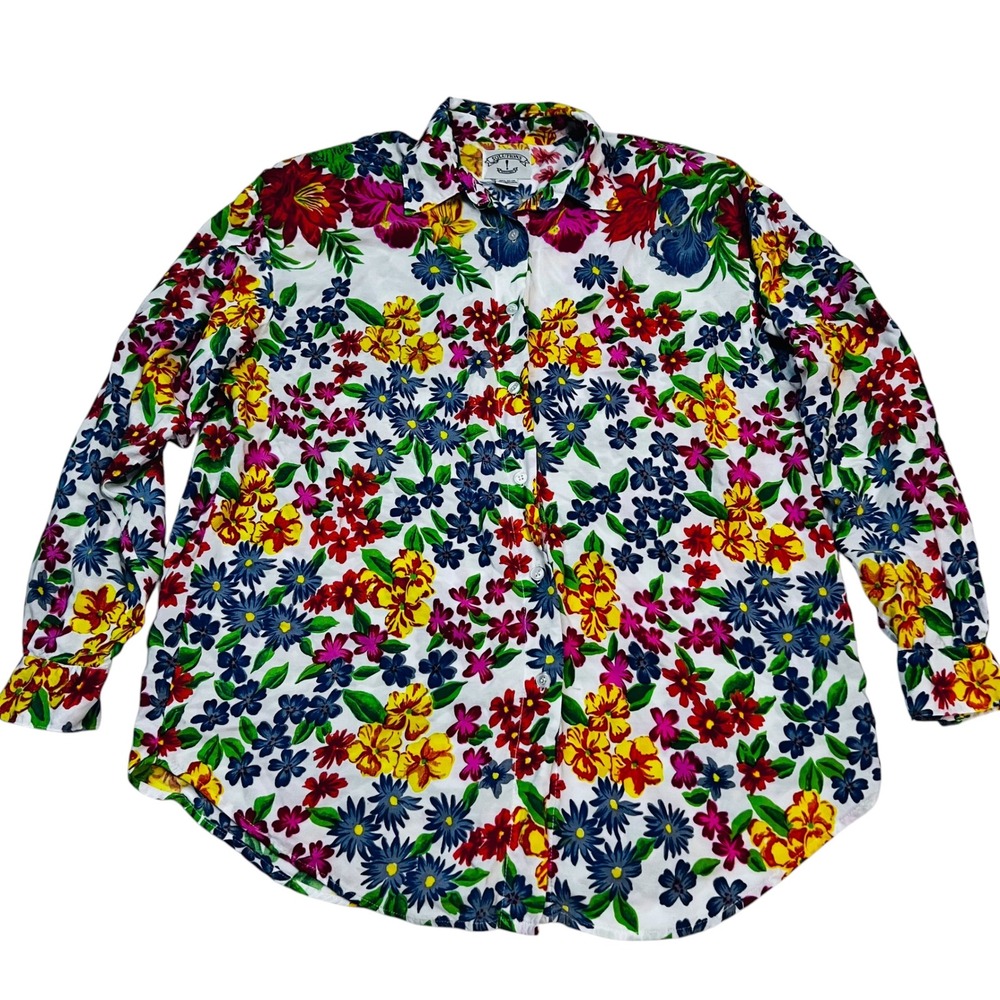 Solutions Original L White Button Down Floral Shirt Rayon Shoulder Pads